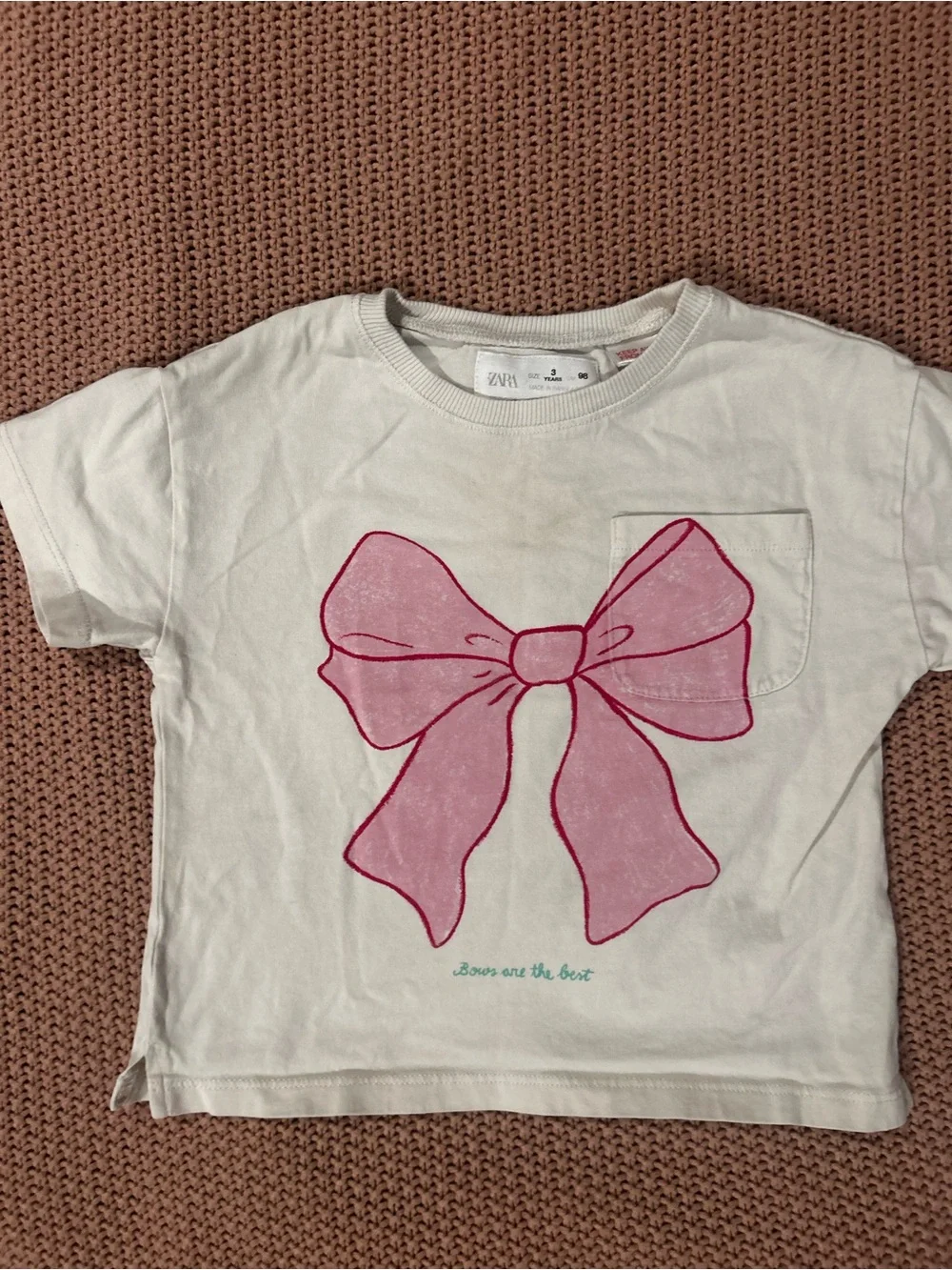 Zara Girls Pink Bow Graphic Pocket T-Shirt White Size 3 Years 98
